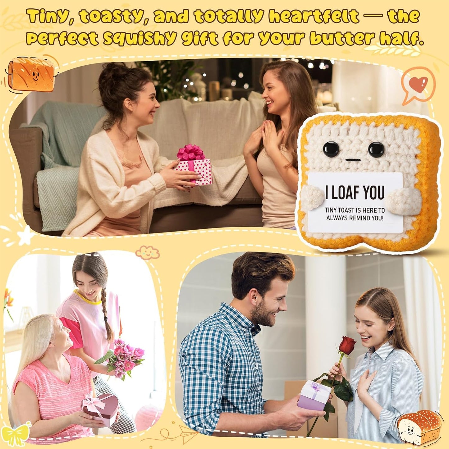 Gifts for Her Him Loved One Crochet Toast “I Loaf You” Gifts for Boyfriend Girlfriend, Funny Wedding Anniversary Birthday Gift for Women Men Couples Wife Husband - Easter Basket Stuffers & Mothers Day