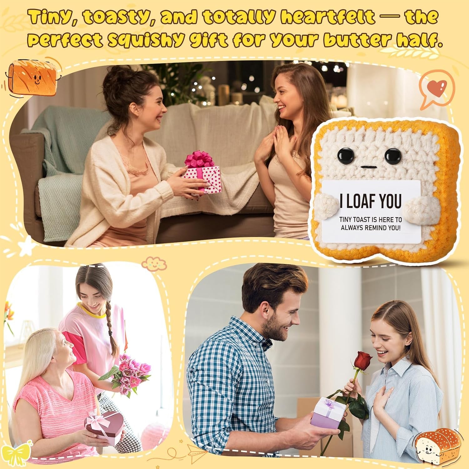 Gifts for Her Him Loved One Crochet Toast “I Loaf You” Gifts for Boyfriend Girlfriend, Funny Wedding Anniversary Birthday Gift for Women Men Couples Wife Husband - Easter Basket Stuffers & Mothers Day