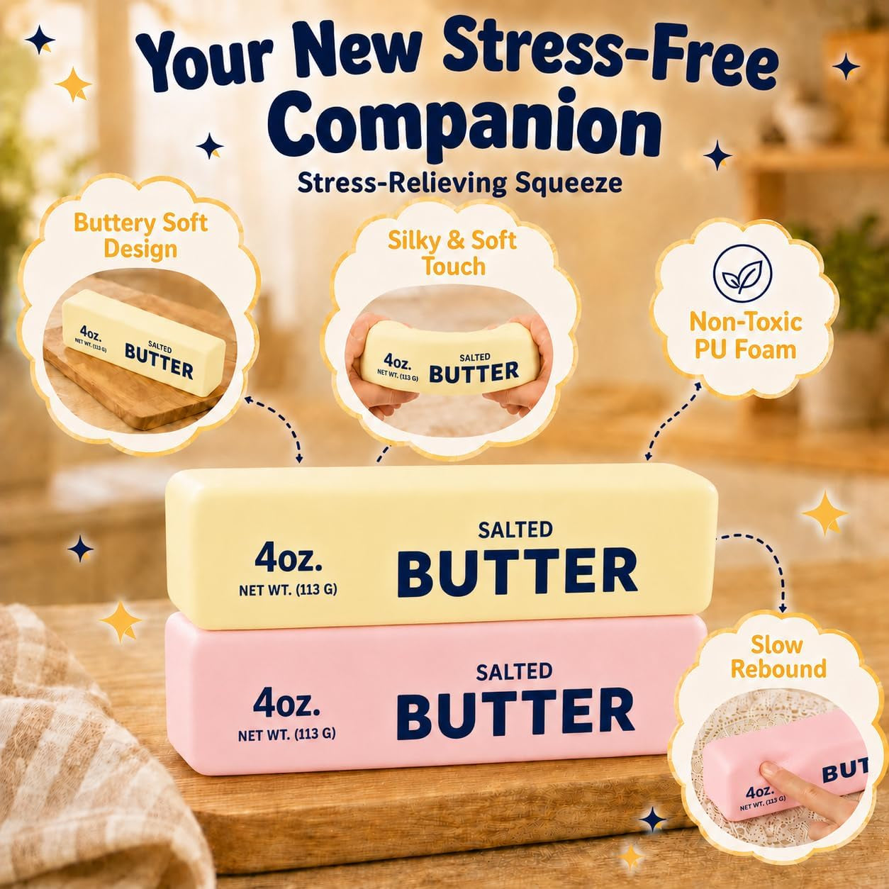 2PCS Butter Squishy, Slow Rising Squishy Toys, Buter Squishy, Squishy Toy, Squeeze Realistic Butter Stick Soft Squeeze Toys, Stress Relief Squishy Fidget Toys